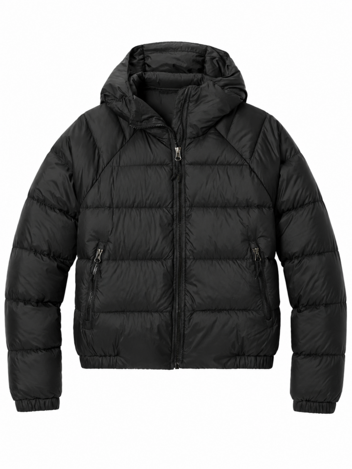 Black Hooded Puffer Jacket with Zippered Pockets