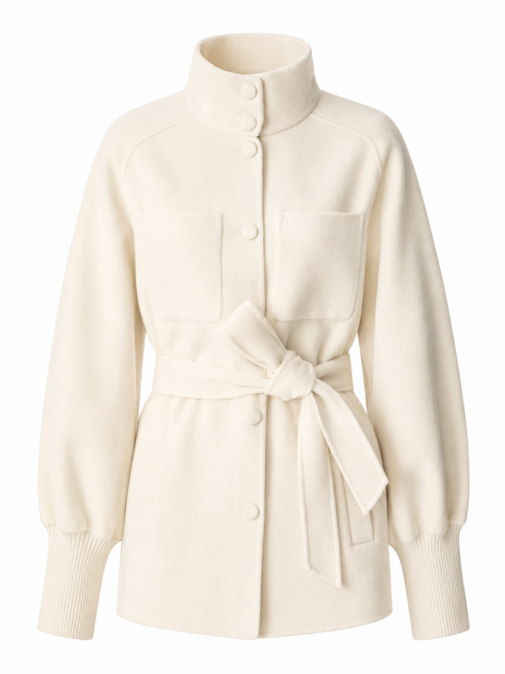 Cream Belted Jacket with Stand Collar and Patch Pockets