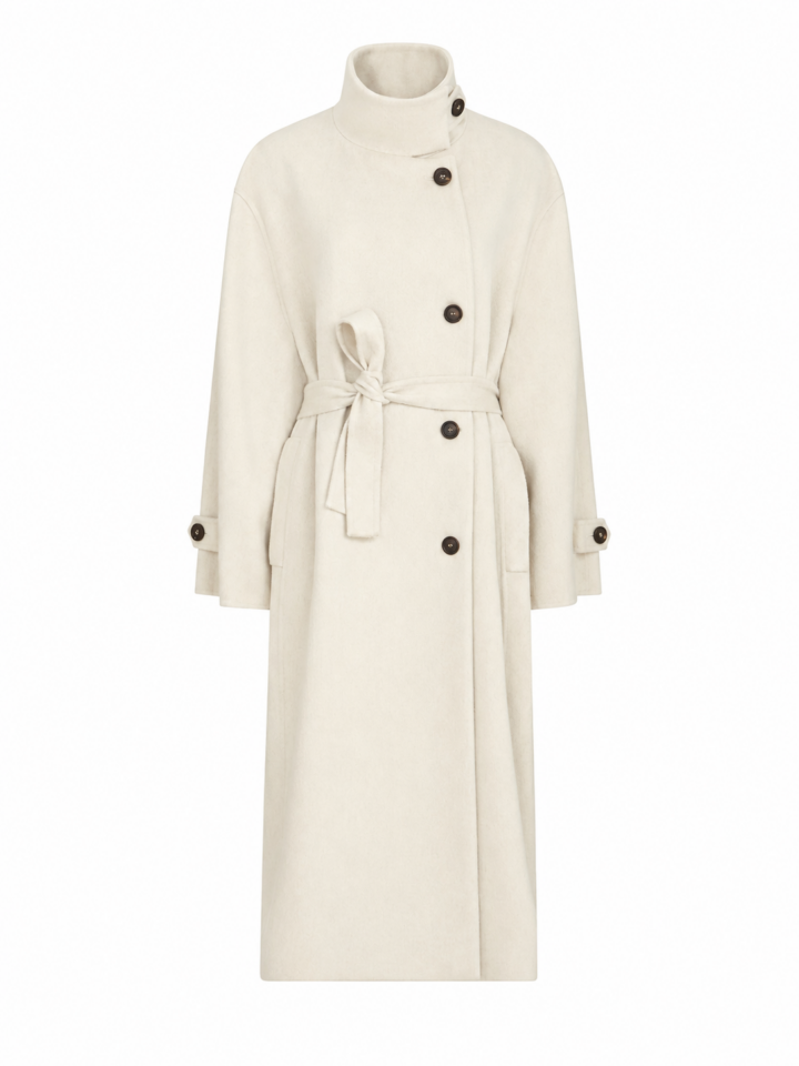 Ivory Longline Coat with Funnel Neck and Self-Tie Belt