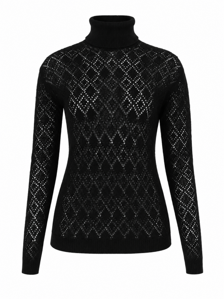 Black Turtleneck Pointelle Knit Sweater