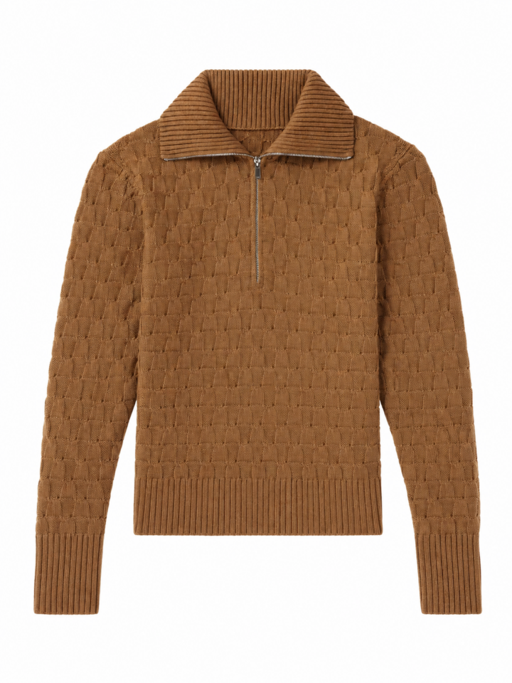 Brown Quarter-Zip Basketweave Pullover Sweater