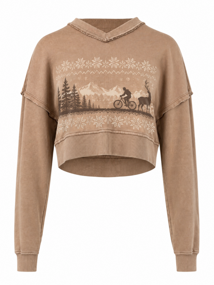 Washed Camel Tan Graphic Cropped Sweatshirt