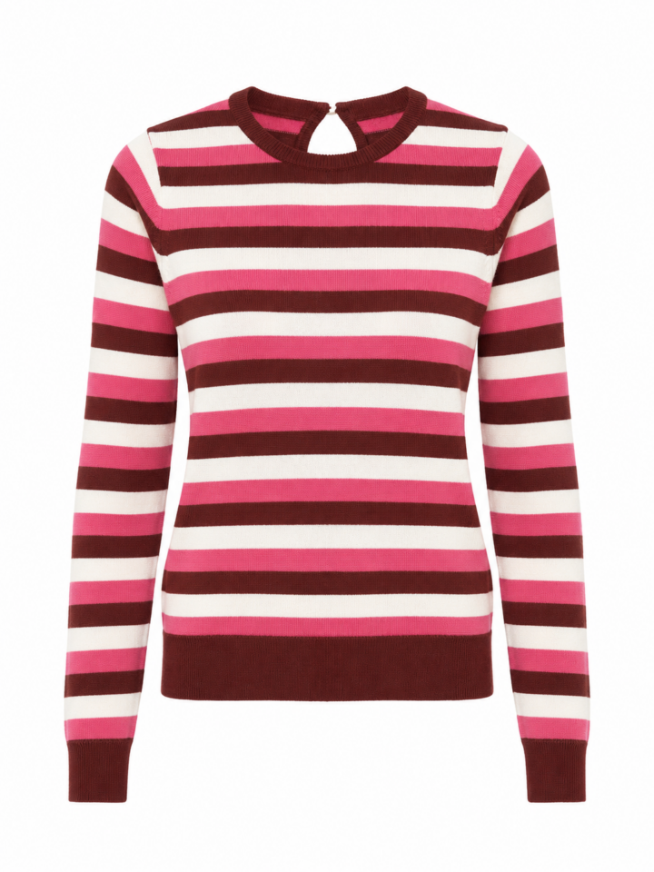 Pink White Brown Striped Keyhole Back Sweater